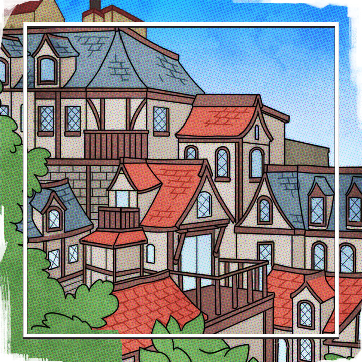 Coloured digital ink illustration of a rustic town surrounded by vegetation.
