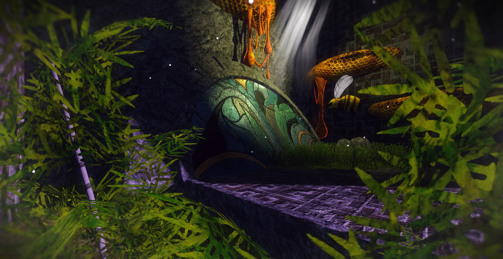 A dim atmosphere of ruins and a bee in the Jade Spring game.