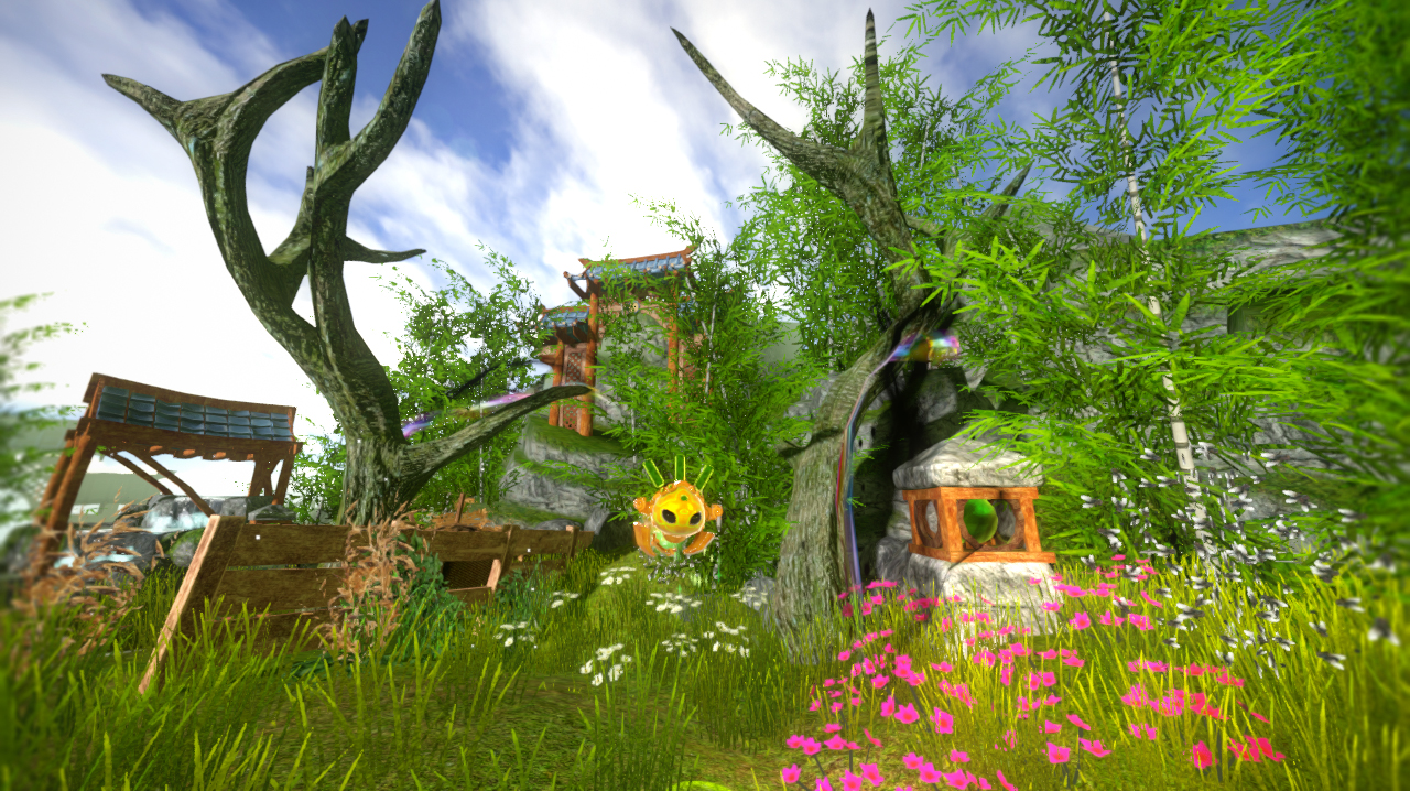 Screen capture of the Jade Spring game, showing a golden jade bot hovering above a verdant field filled with a few decorations like a fountain and fences.